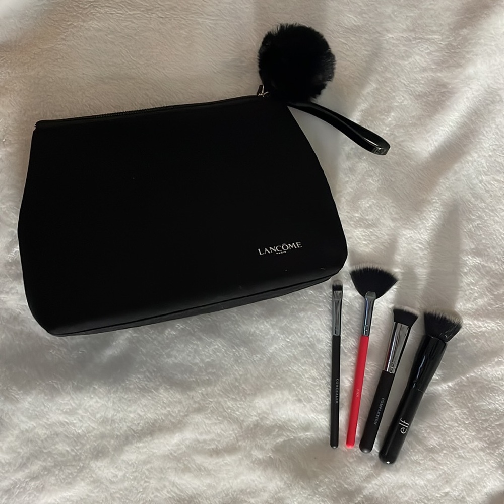 lancome cosmetic bag and makeup brushes